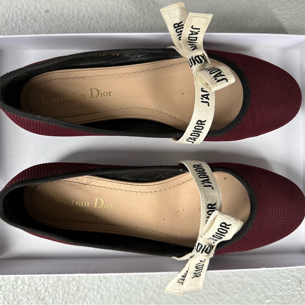 DIOR Burgundy Fabric Ribbon Embroidered J Adior Ballet Flats  Size 38 EU